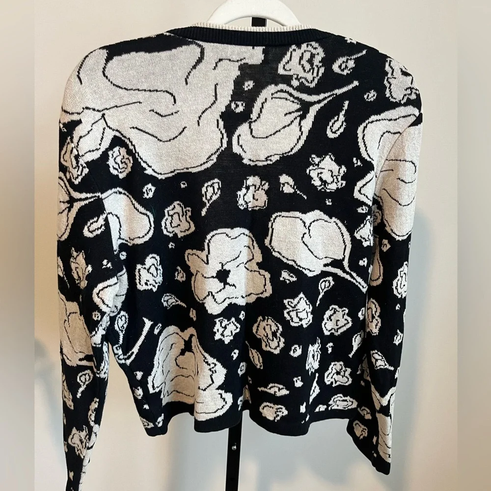 Vintage Jaeger Floral Knit Cardigan Made in Britain Cotton Linen Black Cream - Picture 2 of 10